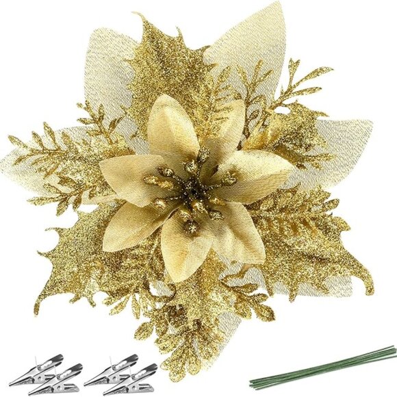 12 Gold Glitter Poinsettia Flowers - Artificial Christmas Ornaments - Picture 2 of 7